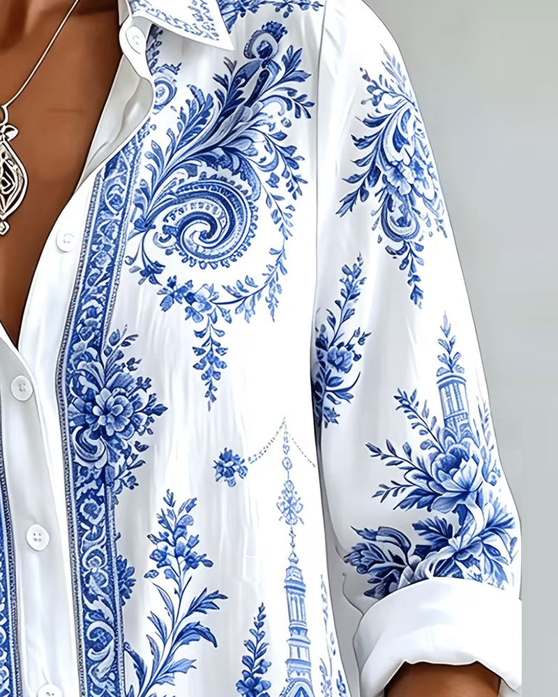 Blue Porcelain Print Lapel Shirt