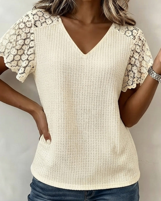 V-Neck Waffle Lace Patchwork Solid T-Shirt