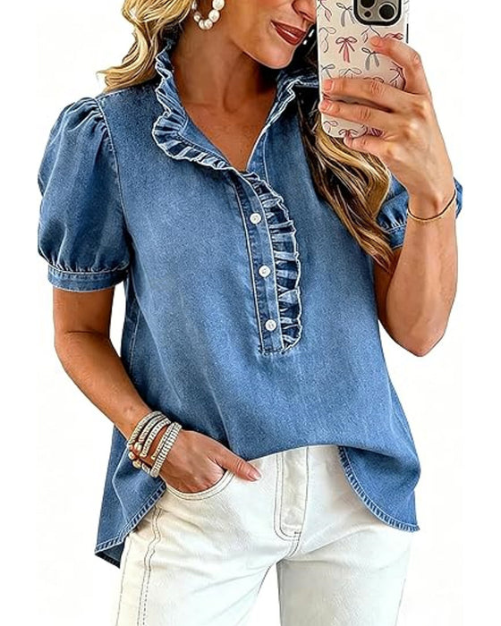 Button Up Ruffle Denim Blouse