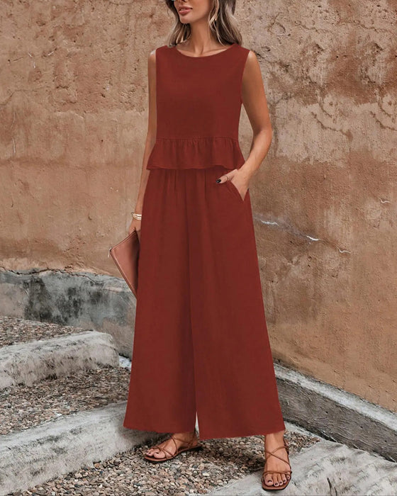 Sleeveless Round Neck Ruffle Wide Leg Set