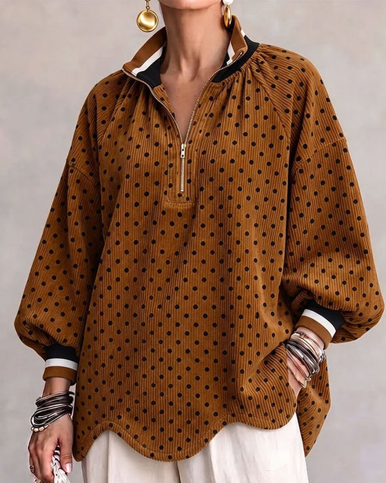 Polka Dot Corduroy Half-Zip Loose Blouse