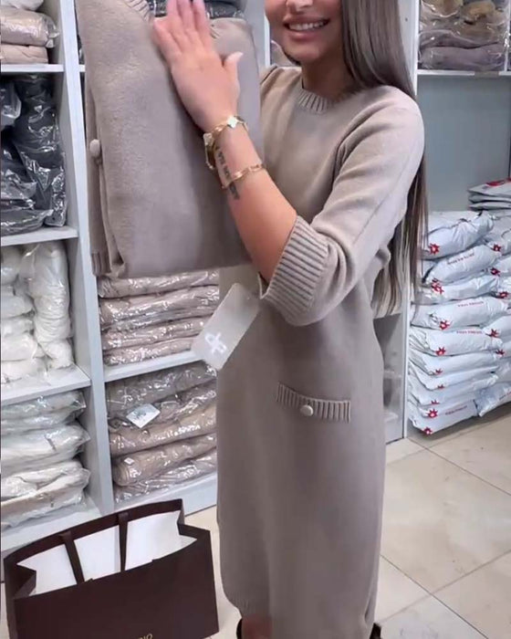 Crew Neck Elbow-Length Sleeve Sweater Dress