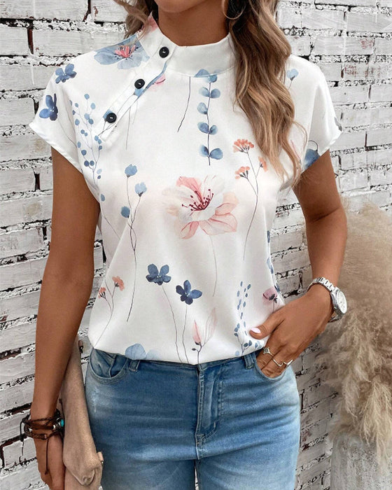 Floral print stand collar short sleeve top