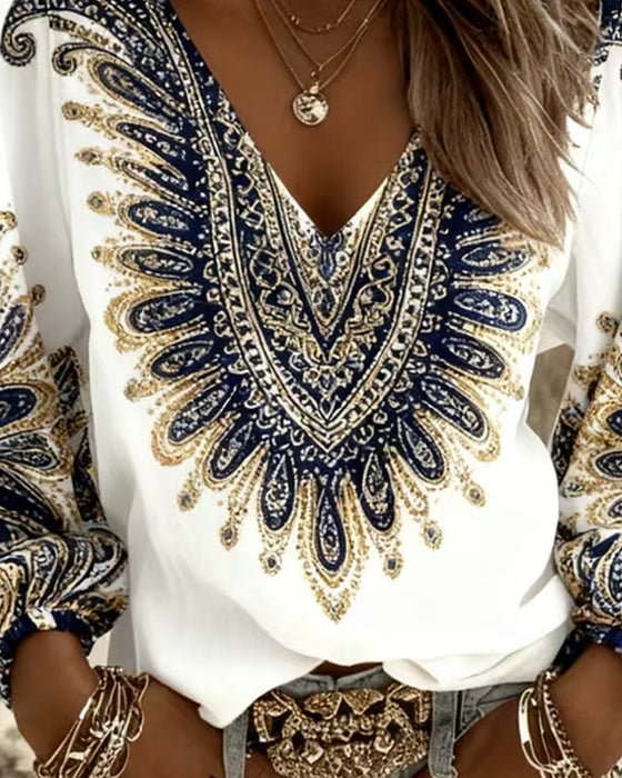V-Neck Retro Print Top