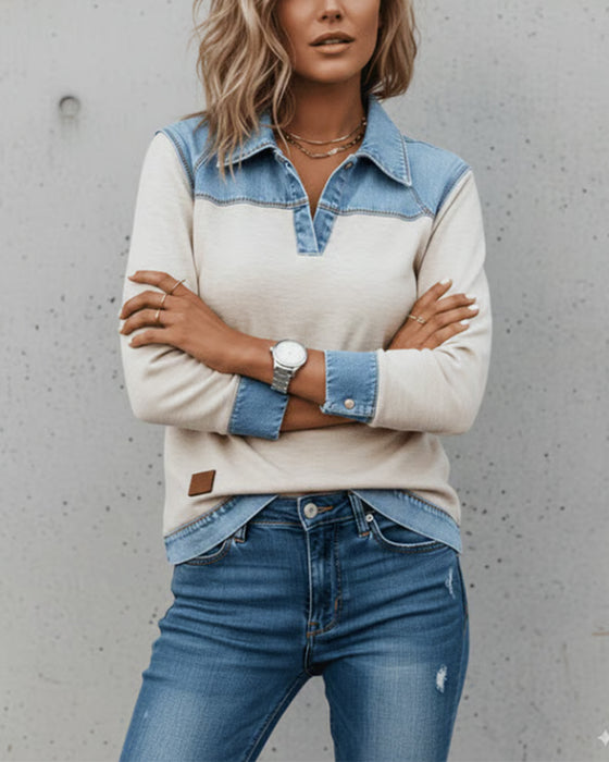 Fashionable Lapel Color Block Spliced Sweatshirt