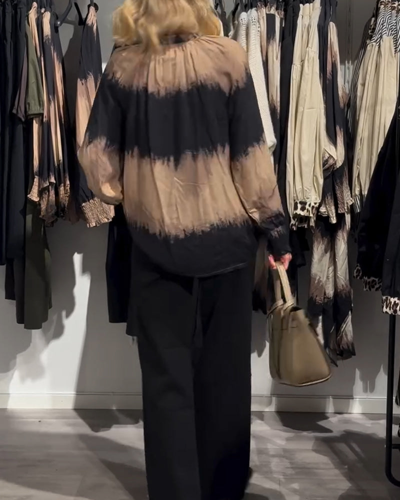 Vintage colorblock V-neck button blouse