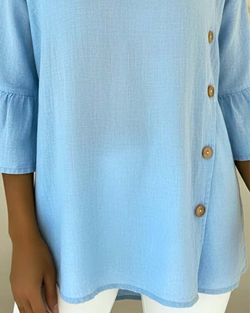 Side-Button Flared Sleeve Linen Blouse