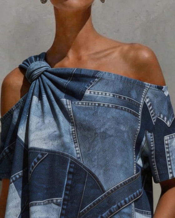 One-Shoulder Twist Knot Patchwork Blouse