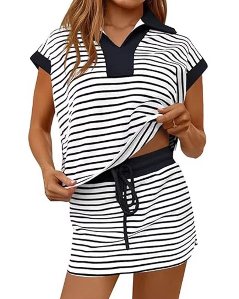 Striped Loose Short-Sleeve Short Skirt Set