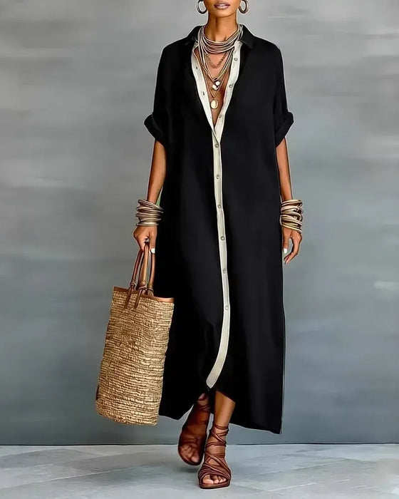 Elegant Lapel-Collar Draped Shirt Dress