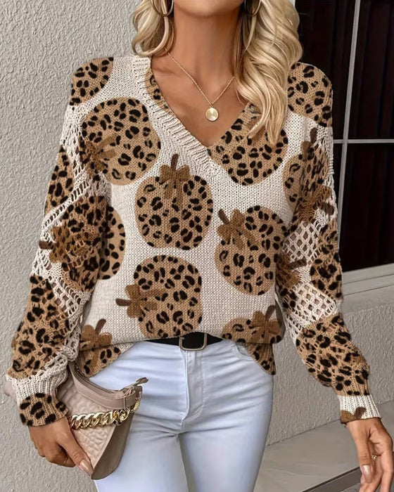 Leopard Pumpkin V-Neck Hollow Out Pullover