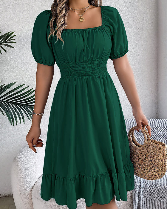 Square Neck Cinched Waist Ruffle A-Line Dress