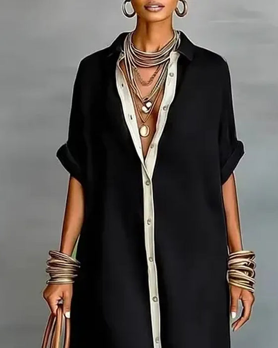 Elegant Lapel-Collar Draped Shirt Dress