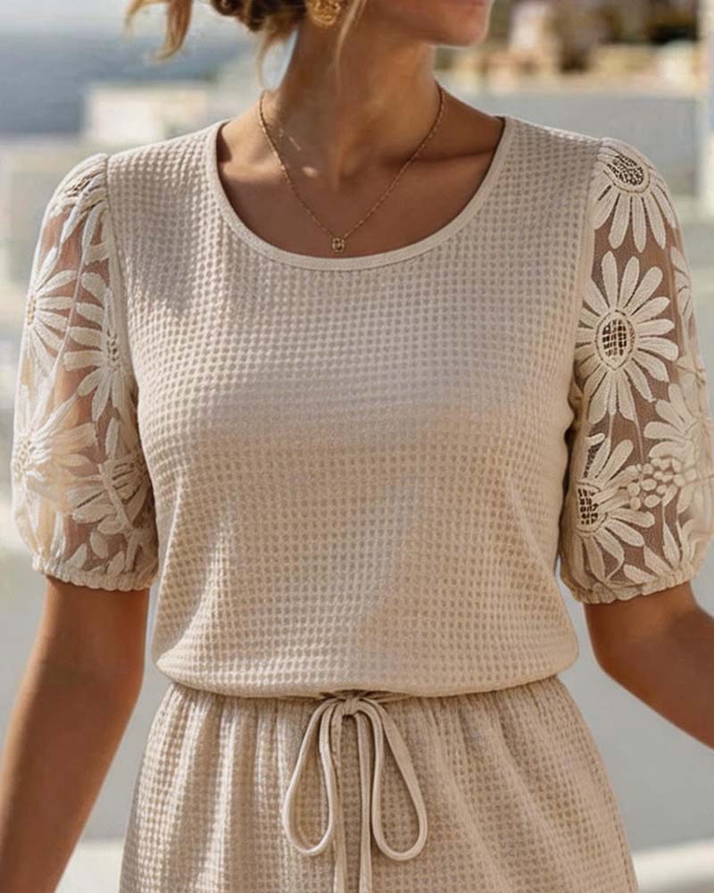 Waffle Knit Patchwork Daisy Lace Dress