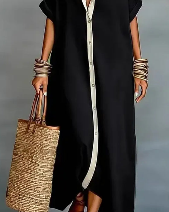 Elegant Lapel-Collar Draped Shirt Dress