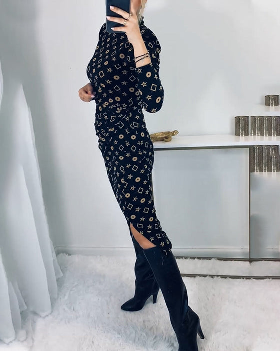 Elegant high neck geometric print dress