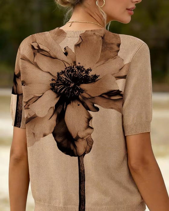 Flower Pattern Knit Short Sleeve Pullover