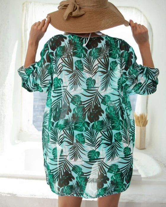 Printed bikini mesh blouse three-piece set