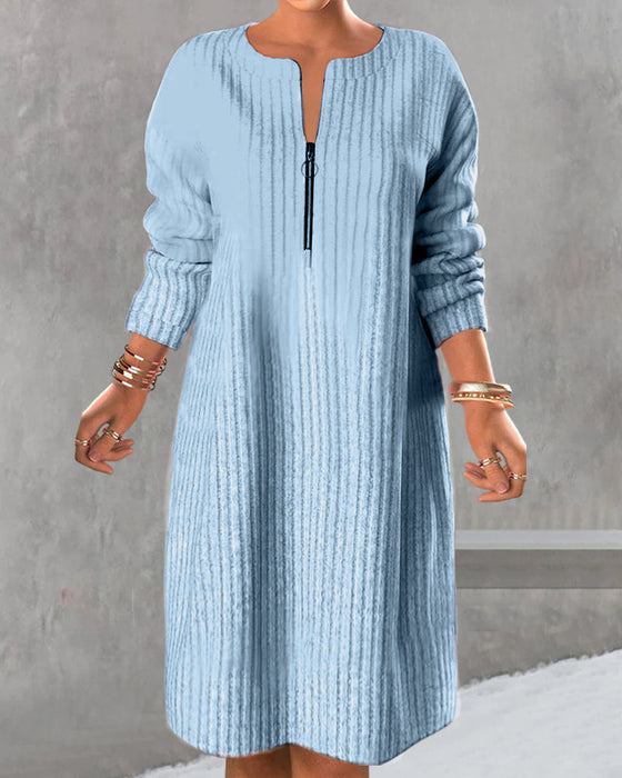 Solid Color Zipper Neck Dress