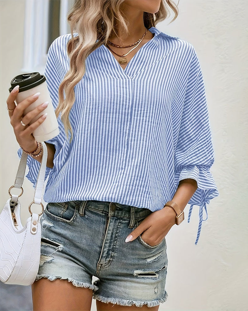 Striped Back-Slit Loose Blouses