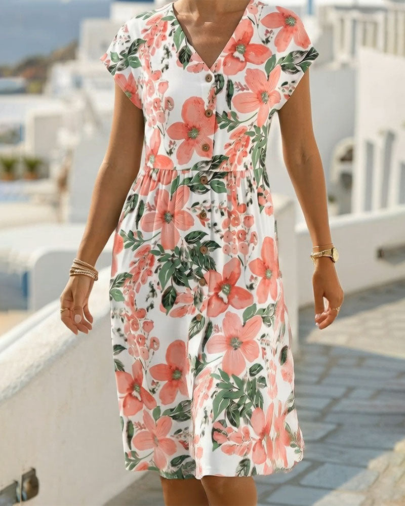 Floral Print V-Neck Short-Sleeve Dress