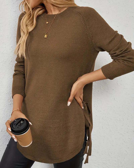 Round Neck Slit Solid Color Pullover