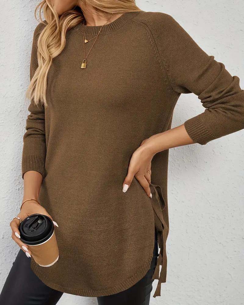 Round Neck Slit Solid Color Pullover