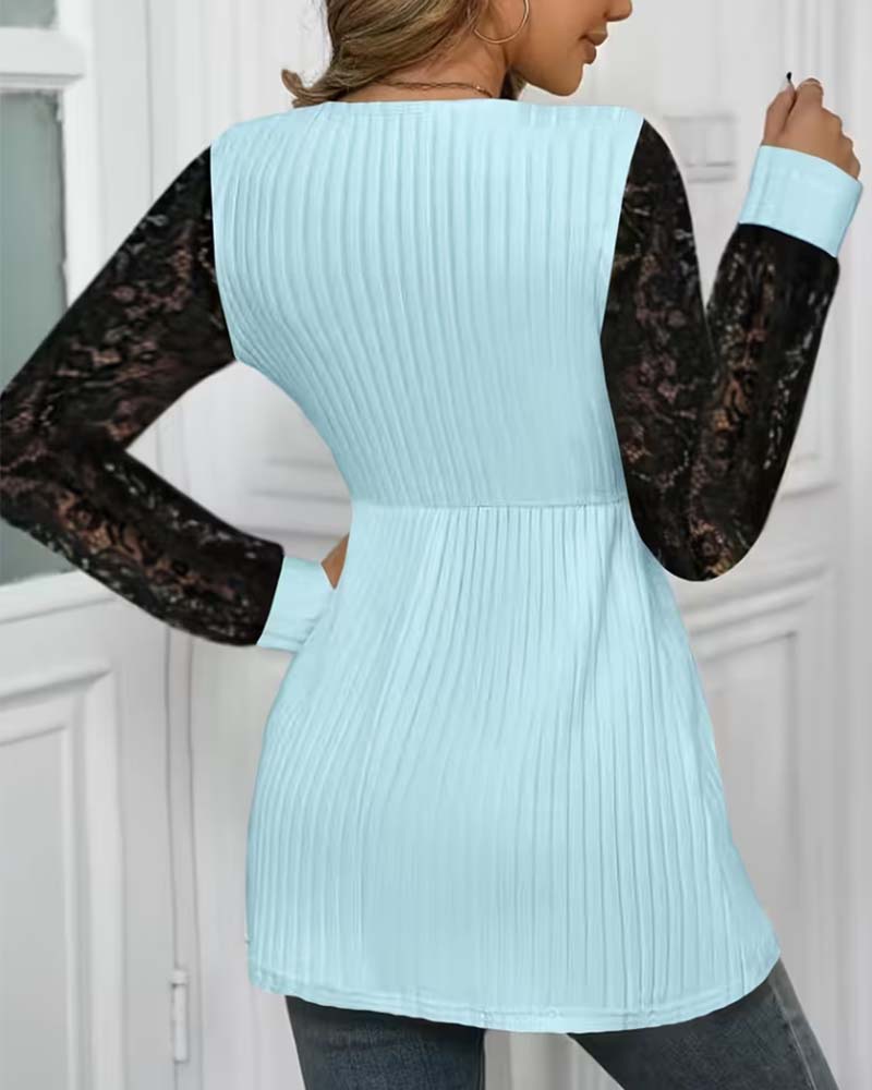 Long-Sleeved Lace U-Neck Blouse