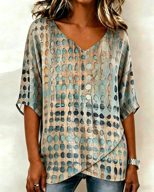 V-Neck Abstract Polka Dot Print Relaxed Blouse