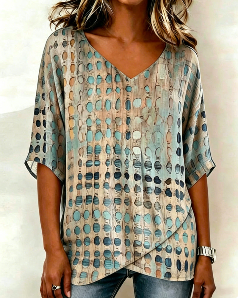 V-Neck Abstract Polka Dot Print Relaxed Blouse