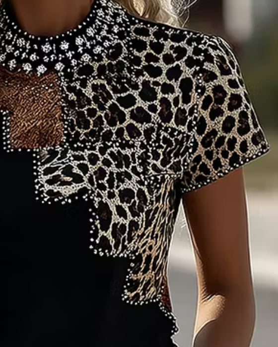 Leopard Patchwork Mock Neck Short Sleeve T-Shirt