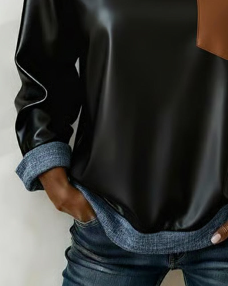 PU Color Block Lapel Sweatshirt