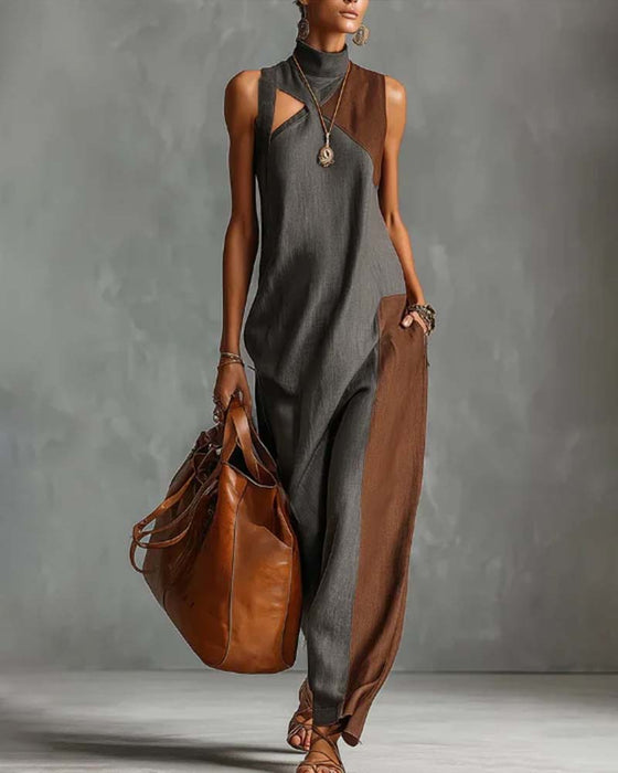 High Neck Asymmetric Patchwork Sleeveless Dress