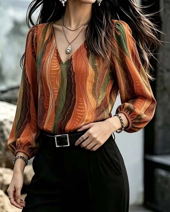 V-neck Puff Sleeve Color-Block Long-Sleeve Top