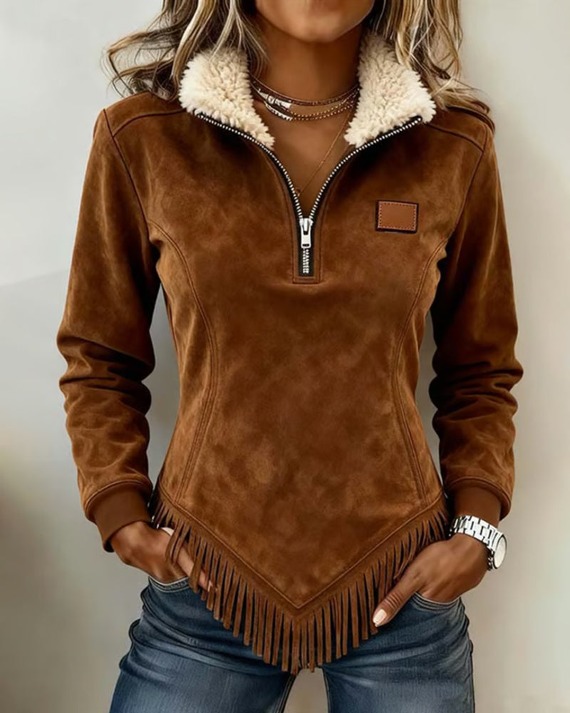 Half-Zip Asymmetric Fringe Sweatshirt
