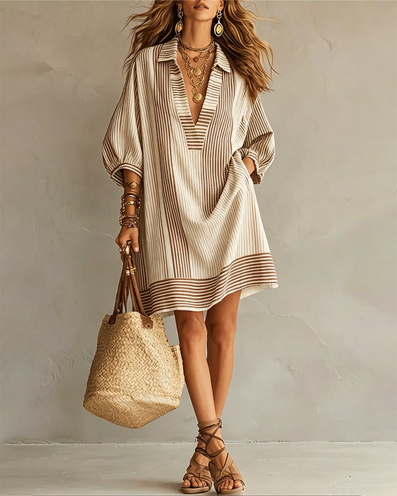 Three-Quarter Lantern Sleeve Striped Dress