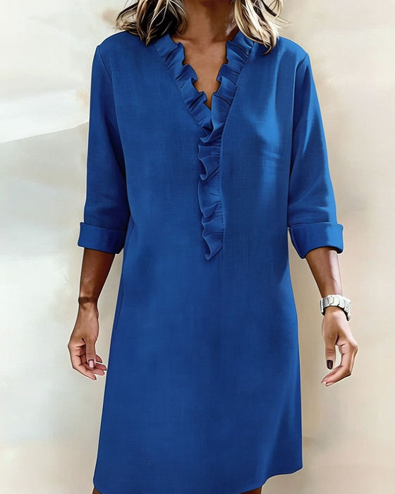Ruffled V-Neck Solid Color Dress