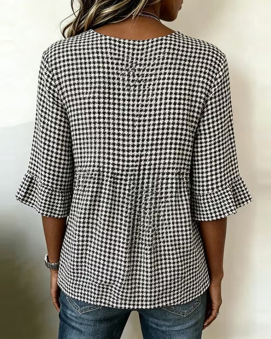 Houndstooth Three-Button Casual Blouse