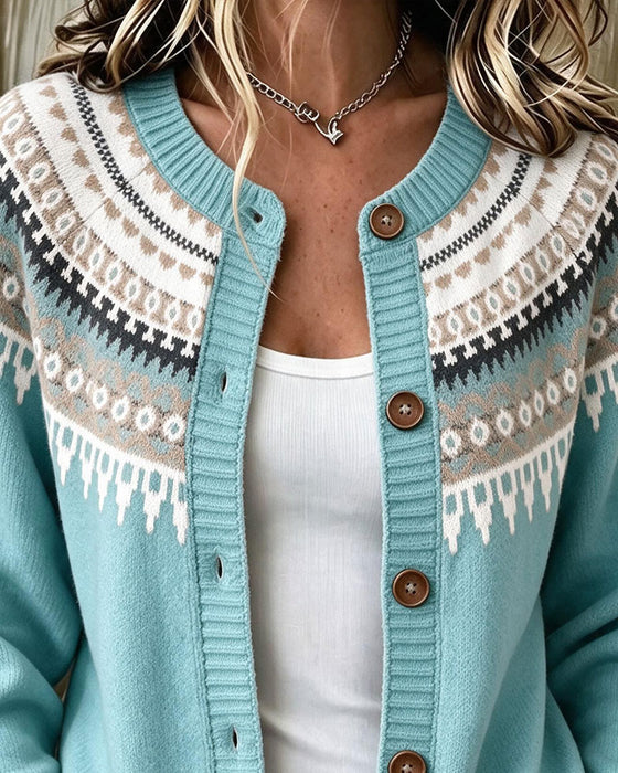 Printed Long-Sleeve Button-Front Cardigan