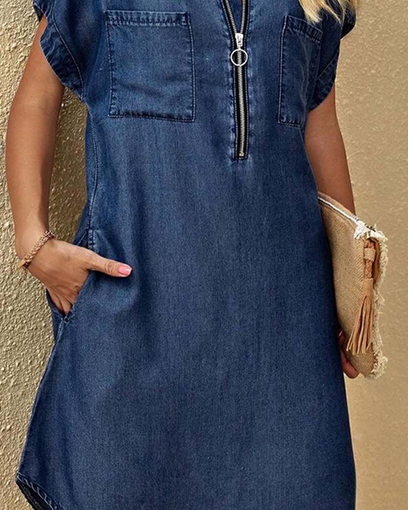 Zipper Lapel Short Sleeve Shirt Dress