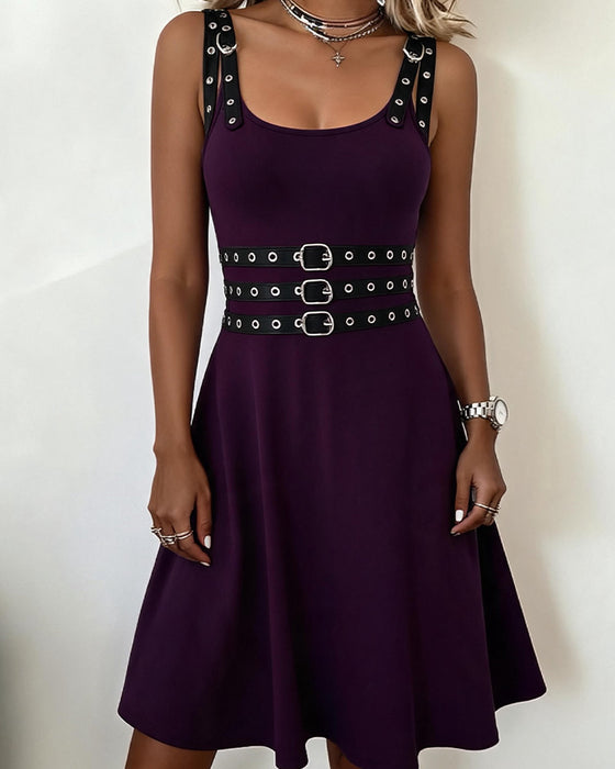Square Neck Strappy Metal Ring Sleeveless Dress
