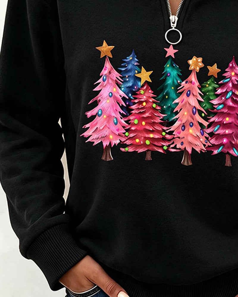 Half-Zip Christmas Tree Print Sweatshirt
