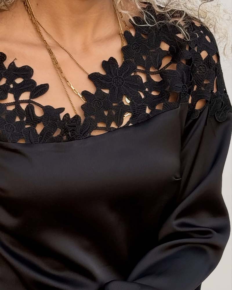 Hollow-Out Solid Color Long-Sleeved Spliced Blouse