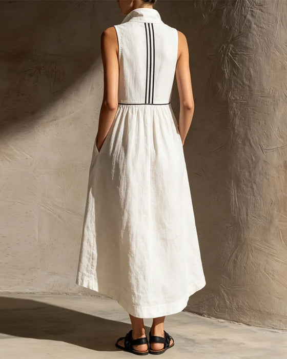 Stand Collar Deep V-Neck Sleeveless Dress