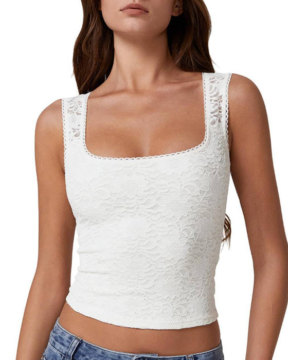 Lace Trim Square Neck Sleeveless Tank Top