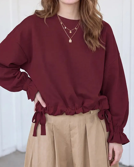 Crew-Neck Ruffle Tie Elastic Sweatshirt