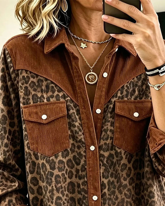Lapel Button Leopard Color Block Shirt