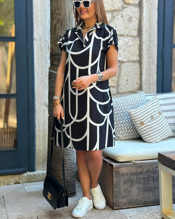 Lapel line printed short-sleeved midi dress