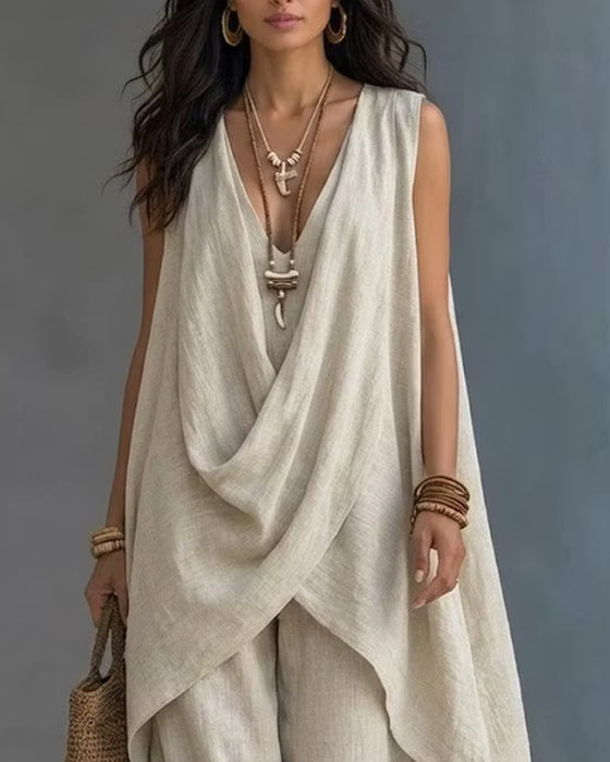 Sleeveless V-Neck Crossover Straight Pants Set