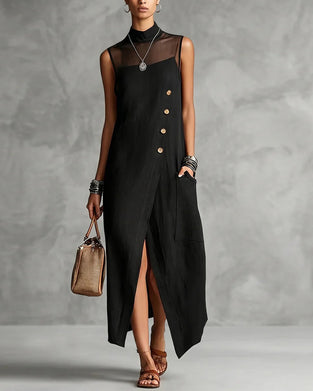High Collar Sleeveless Long Pockets Dress